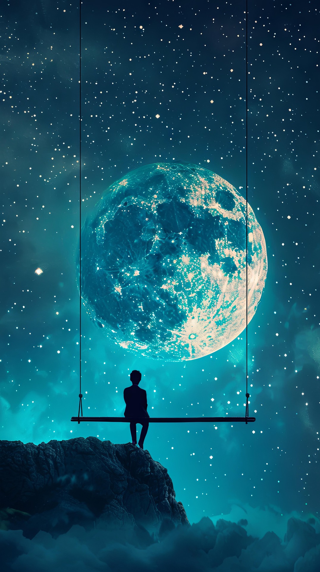 Im Hintergrund der große runde Mond; davor ein Mensch auf einer Schaukel